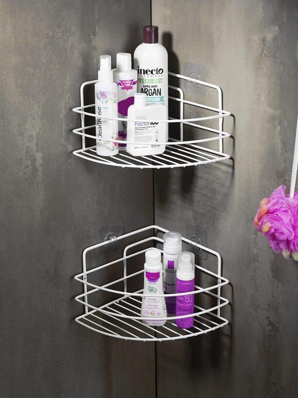 Ömür Boyu Paslanmaz Yapışkanlı Banyo Köşeliği Düzenleyici Şampuanlık Duş Rafı 2 Adet Beyaz TK-01 - Image 1