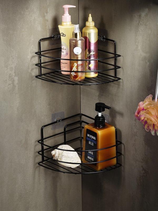 Ömür Boyu Paslanmaz Yapışkanlı Banyo Köşeliği Düzenleyici Şampuanlık Duş Rafı 2 Adet Siyah TK-01 - Image 1
