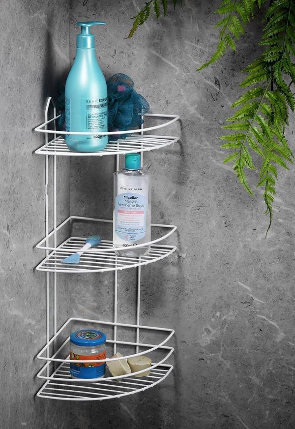 Ömür Boyu Paslanmaz Yapışkanlı Banyo Köşeliği Düzenleyici Şampuanlık Duş Rafı Beyaz EK-03 - Image 1