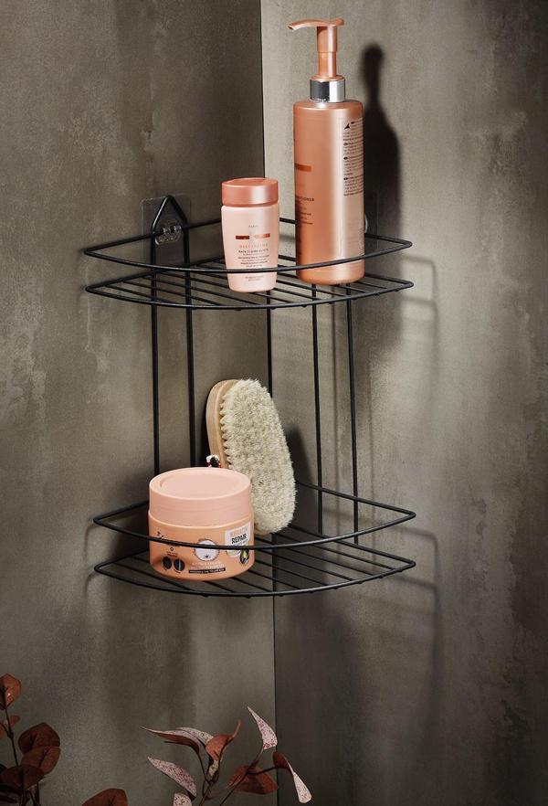 Ömür Boyu Paslanmaz Yapışkanlı Banyo Köşeliği Düzenleyici Şampuanlık Duş Rafı Siyah EK-02 - Image 1