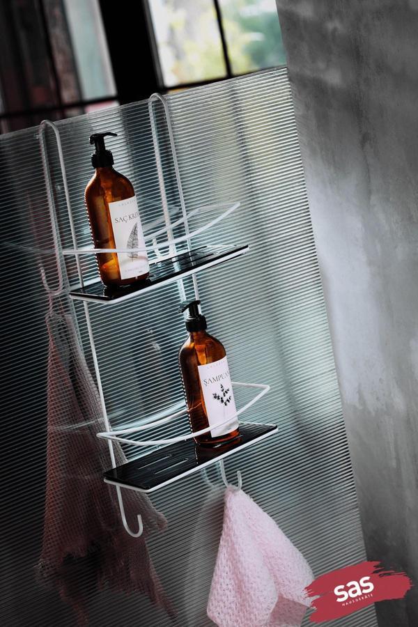 Ömür Boyu Paslanmaz Kristal Raf Banyo Düzenleyici Şampuanlık BEYAZ-SİYAH Duşakabin Askısı  DŞBS - Image 1