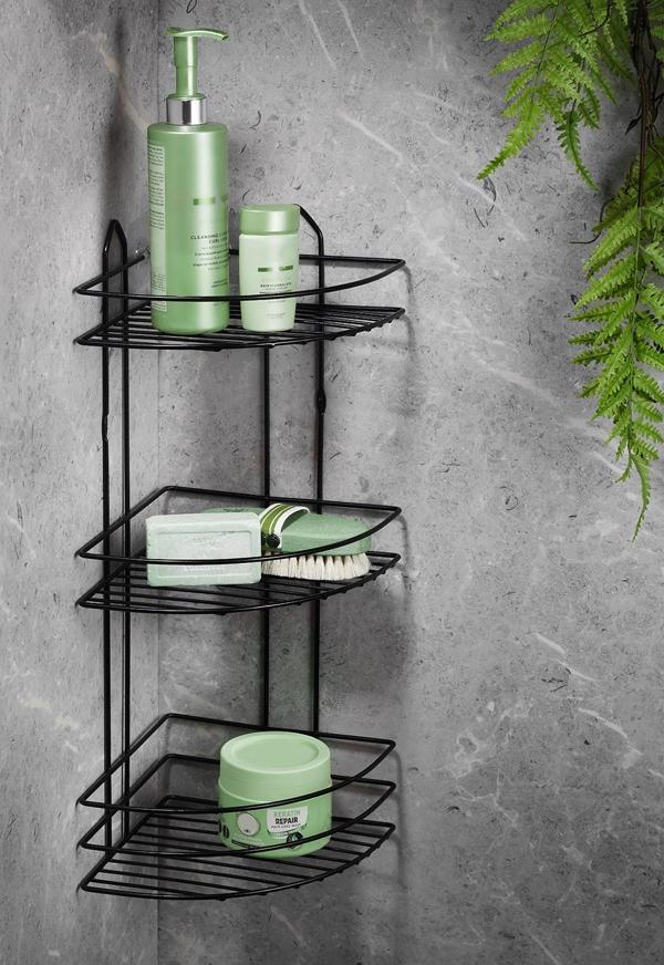 Ömür Boyu Paslanmaz Yapışkanlı Banyo Köşeliği Düzenleyici Şampuanlık Duş Rafı Siyah EK-03 - Image 1