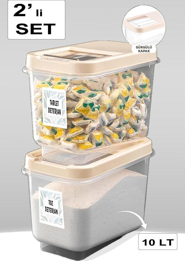 Kayar Kapaklı Deterjan Saklama Kabı Tablet Deterjan Saklama Kutusu Krem  2 Adet Multibox 10 Lt  - Image 1