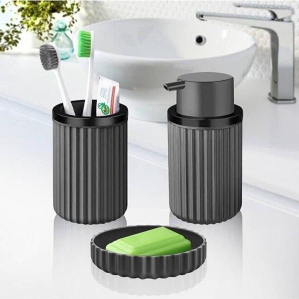 Banyo Takımı Diş Fırçalık Sıvı Sabunluk Katı Sabunluk 3 Lü Set Gri 3319        601 - C - GRİ         - Image 1