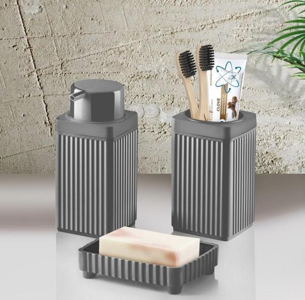 Banyo Takımı Diş Fırçalık Sıvı Sabunluk Katı Sabunluk 3 Lü Set Açık Gri 3465 - Image 1