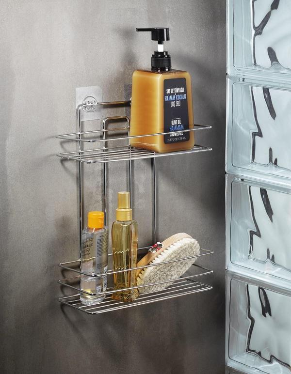 Duvara Yapışkanlı 2 Katlı Banyo Düz Şampuanlık Düzenleyici Krom TŞ-02 - Image 1