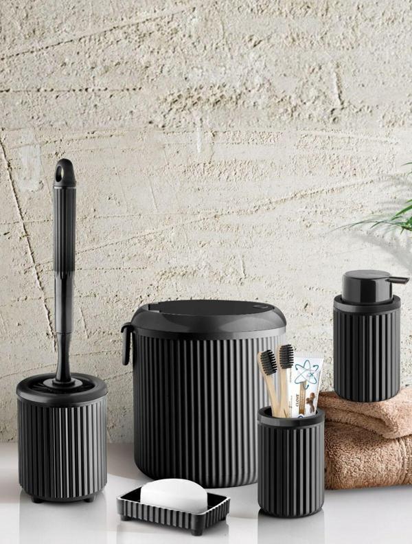 Çöp Kovası Tuvalet Fırçası Sıvı Sabunluk Diş Fırçalık Katı Sabunluk 5 Parça Banyo Seti 4 Litre Siyah - Image 1