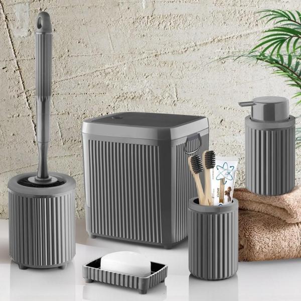 Çöp Kovası Tuvalet Fırçası Sıvı Sabunluk Diş Fırçalık Katı Sabunluk 5 Parça Banyo Seti 5 Litre Gri   - Image 1