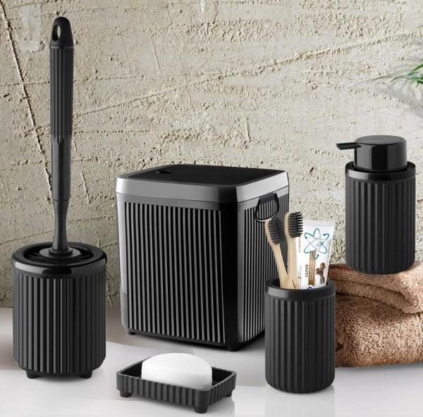 Çöp Kovası Tuvalet Fırçası Sıvı Sabunluk Diş Fırçalık Katı Sabunluk 5 Parça Banyo Seti 5 Litre Siyah - Image 1