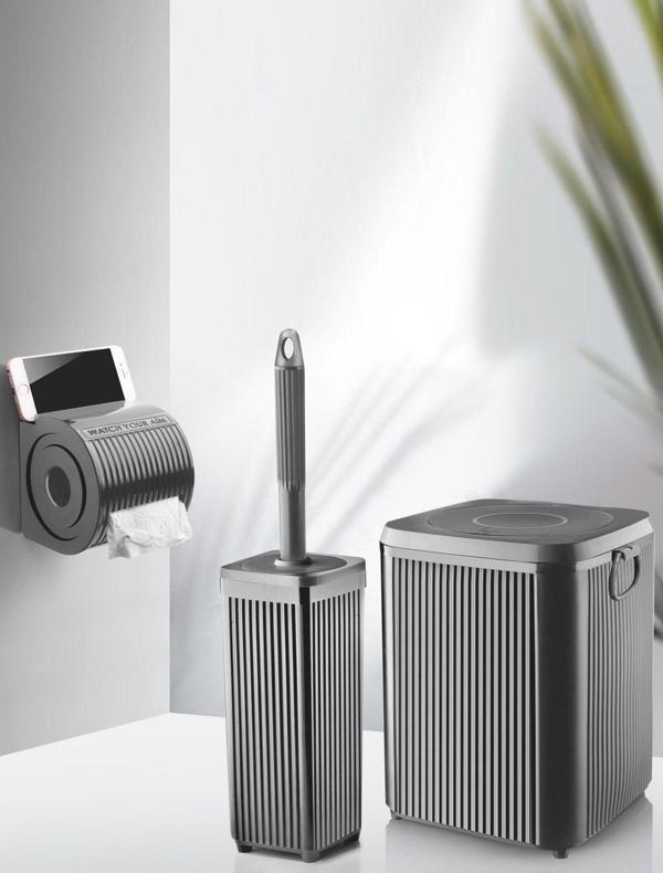 Çöp Kovası Tuvalet Fırçası Wc Kağıtlığı Fırça Banyo Seti Gri 3013 - Image 1
