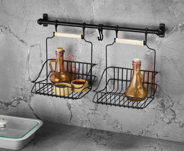 Ferforje Metal Sepet Askı Ve Kanca Set Siyah Retro 2 Sepetli - Image 1