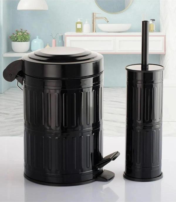Pedallı Çöp Kovası Tuvalet Wc Fırçası Banyo Çöp Kovası 2'li Banyo Seti 5 Litre Siyah Vintage      - Image 1