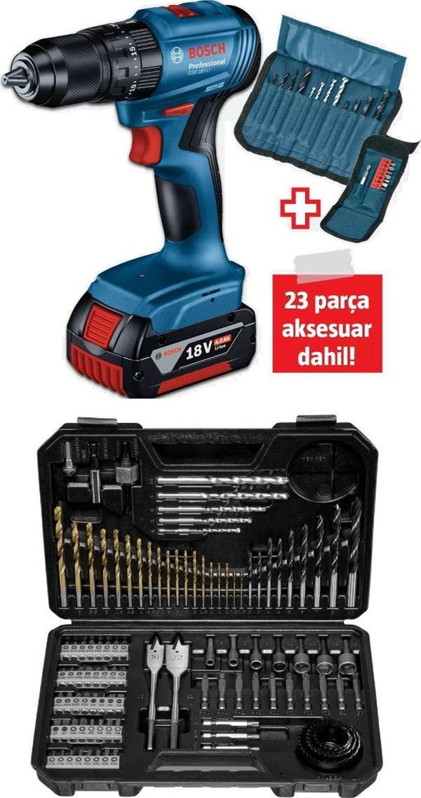 Bosch Gsb 185-Li Tek Akülü Kömürsüz Darbeli Matkap Vidalama Şarjlı Matkap 103 Parça Matkap Ucu - Image 1