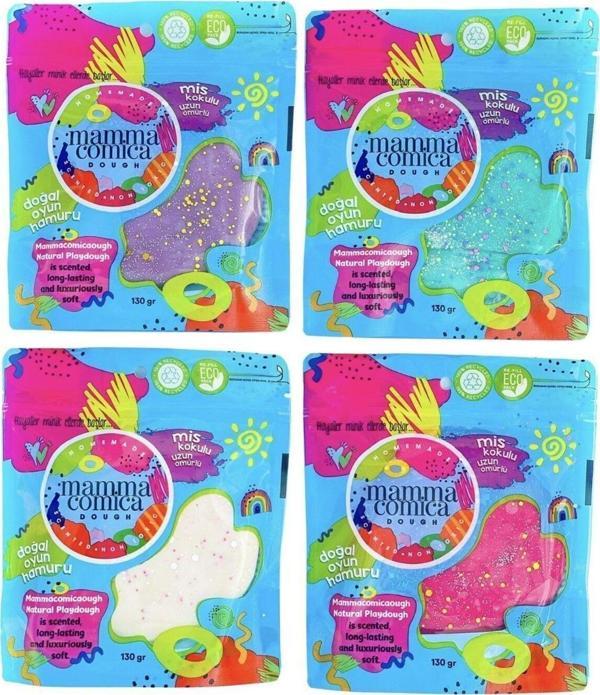 Mammacomica Dough 4'lü Doğal Oyun Hamuru - Refill Paket 4x130gr Simli - Image 1
