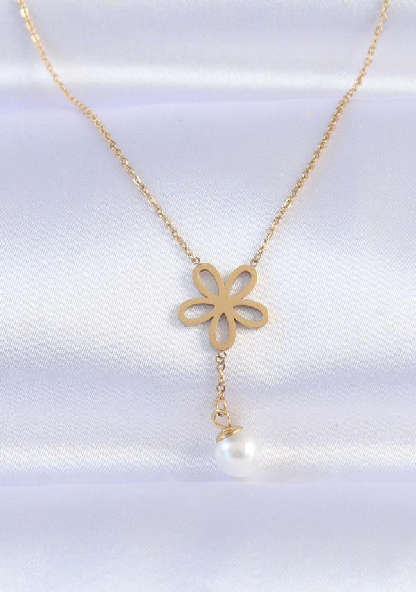 316L Çelik Zincir Gold Renk İnci Detay Çiçek Kolye - TJ-BKO8730 - Image 1