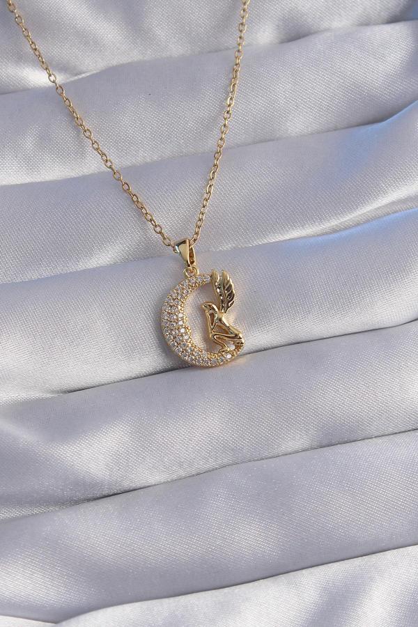 316L Çelik Zincir Gold Renk Kuş Figürlü Zirkon Taşlı Ay Tasarımlı Kolye - TJ-BKO8763 - Image 1