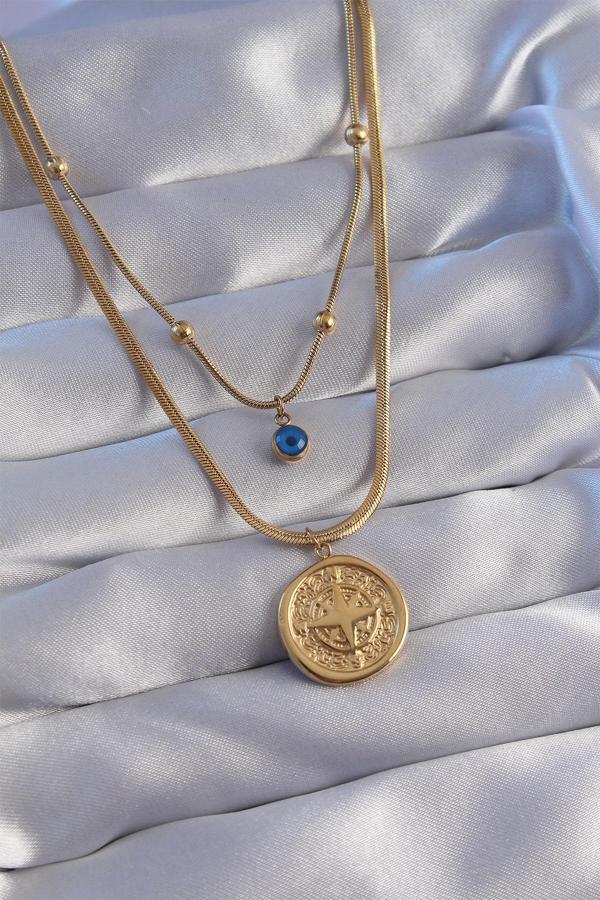 316L Çelik Zincir Gold Renk Nazar Boncuklu İtalyan Zincirli 2li Pusula Kolye - TJ-BKO8834 - Image 1
