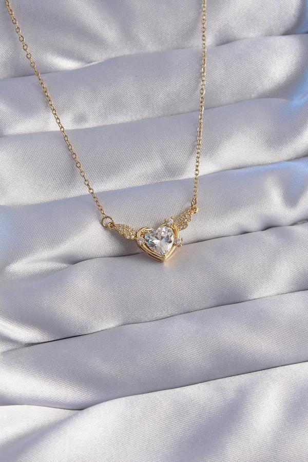 316L Çelik Zincir Gold Renk Zirkon Taşlı Kanatlı Kalp Kolye - TJ-BKO8778 - Image 1