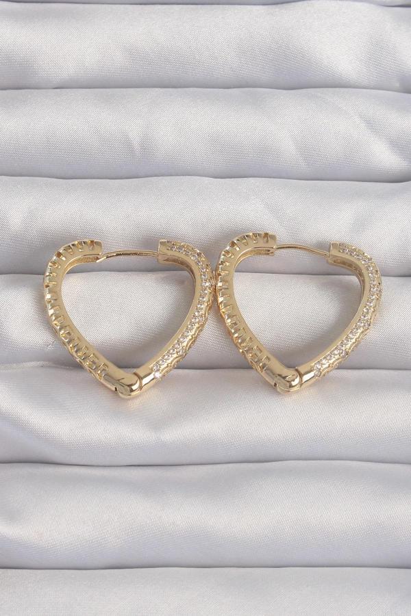 Pirinç Gold Renk Zirkon Taşlı Motifli Kalp Küpe - TJ-BKP9285 - Image 1
