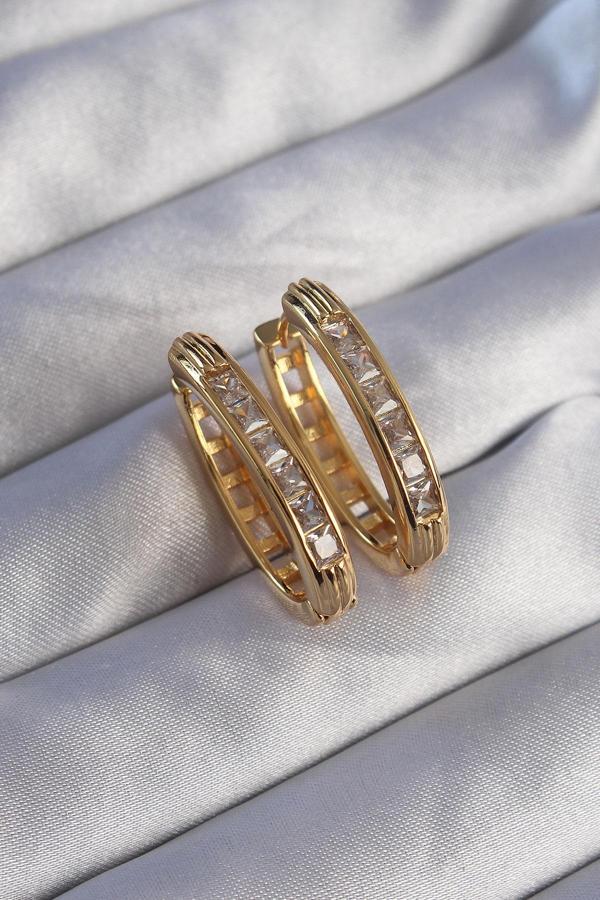 Pirinç Gold Renk Zirkon Taşlı Oval Model Küpe - TJ-BKP9079 - Image 1