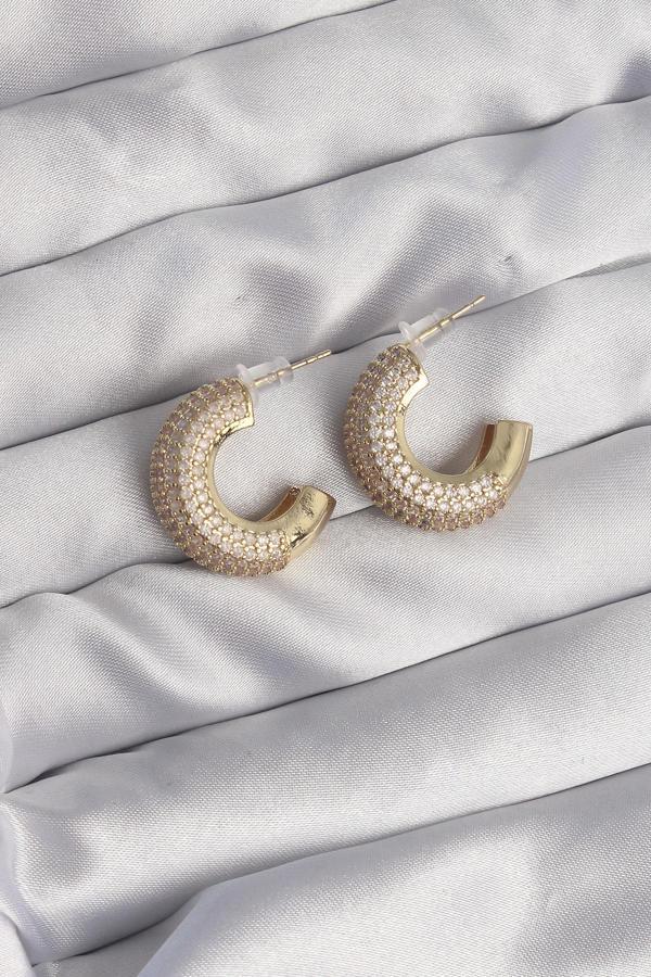 Pirinç Gold Renk Zirkon Taşlı Yarım Halka Küpe - TJ-BKP9113 - Image 1