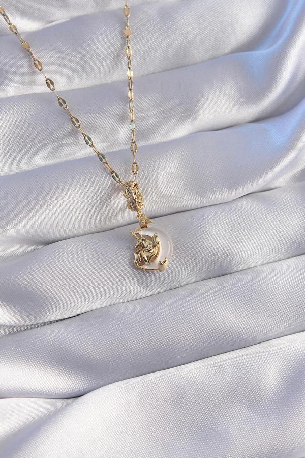 316L Çelik Zincir Gold Renk Zirkon Taşlı Sedefli Ay Figürlü Kolye - TJ-BKO8805 - Image 1