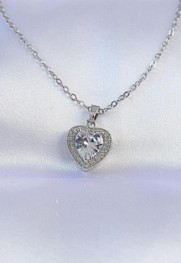 316L Çelik Zincir Gümüş Renk Zirkon Taşlı Charm Kalp Kolye - TJ-BKO8744 - Image 1