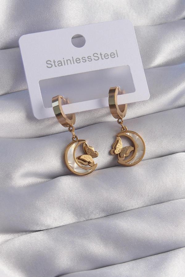316L Çelik Gold Renk Mineli Ay Figürlü Kelebek Küpe - TJ-BKP9067 - Image 1