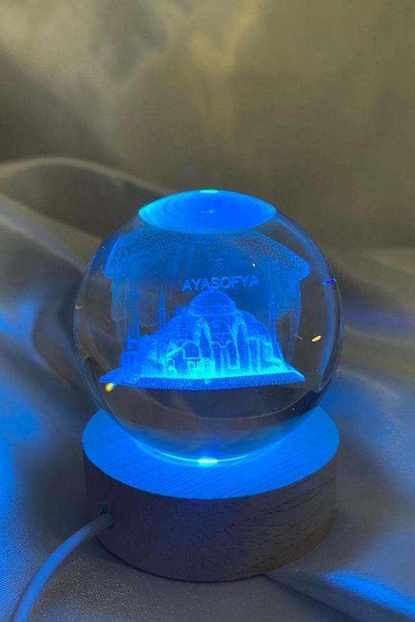 3D Led Işık Gecelambası Cam Küre Çok Renk Günışığı Ahşap Ayasofya Cami Gece Lambası 6 cm - Image 1