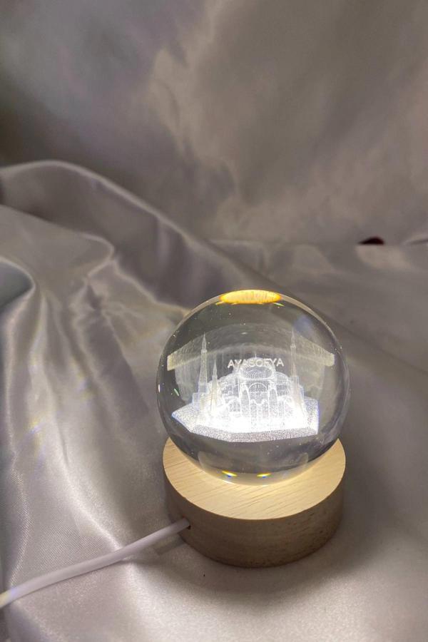 3D Led Işık Gecelambası Cam Küre Tek Renk Günışığı Ahşap Ayasofya Cami Gece Lambası7 cm - Image 1