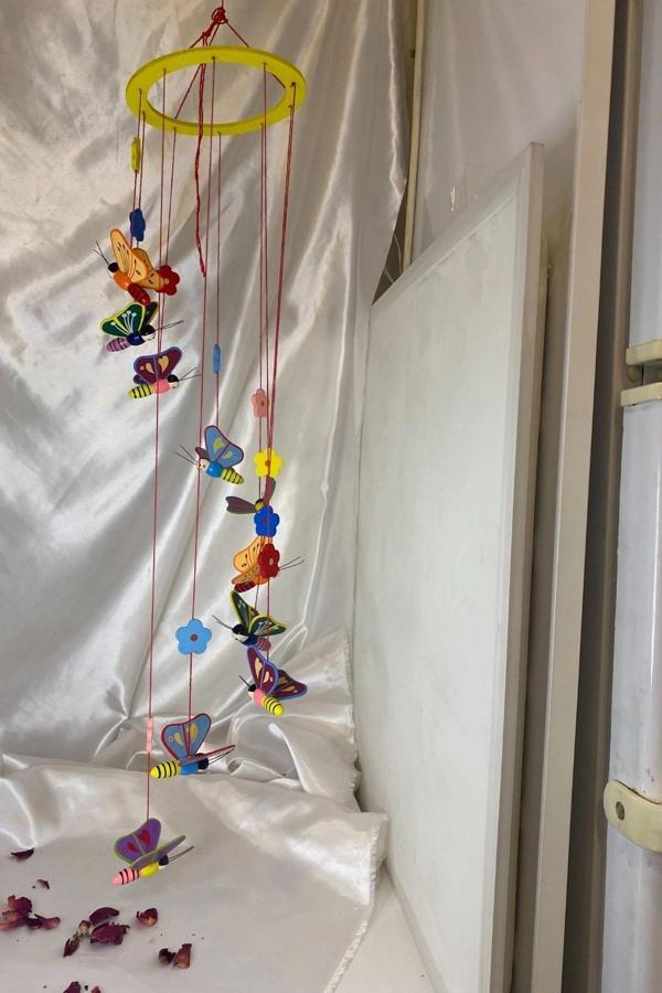 Deprem Çanı Rüzgar Zili Feng Shui Koruyucu Ahşap El İşi Çocuk Odası Kelebek - Image 1