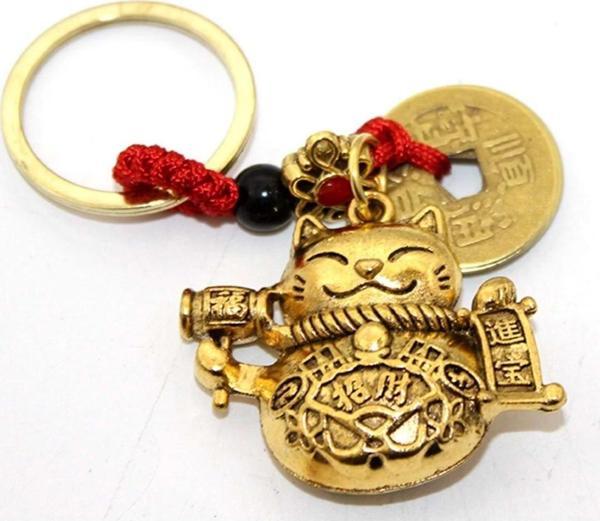 Feng Shui Bereket Şans Mutluluk Çağıran Şans Kedisi Maneki Neko Çin Paralı Feng Sui Anahtarlık - Image 1