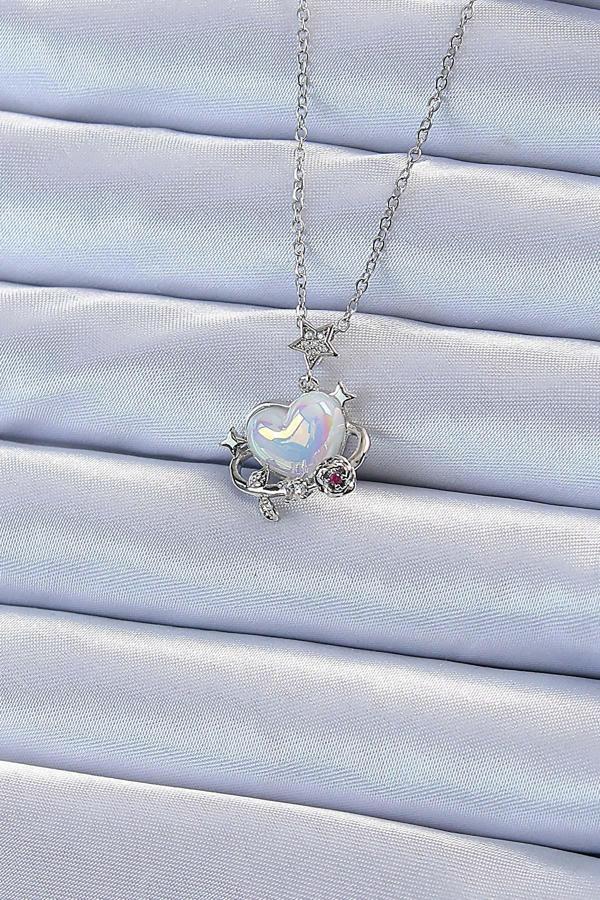 Gümüş Renk Zirkon Taşlı Gezegen Görünümlü Kalp Kolye - EBJ240920W28158 - Image 1