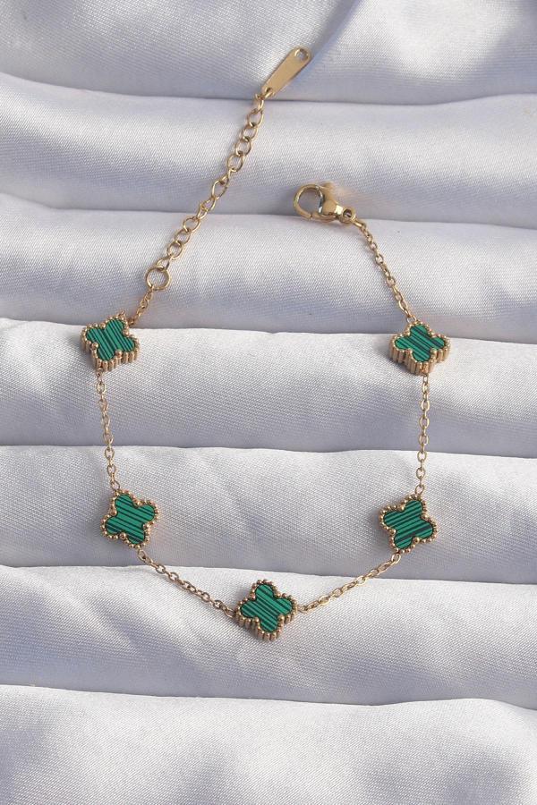 316L Çelik Baby Boy Gold Renk Çizgili Yeşil Mineli Yonca Bileklik - TJ-BB6271 - Image 1