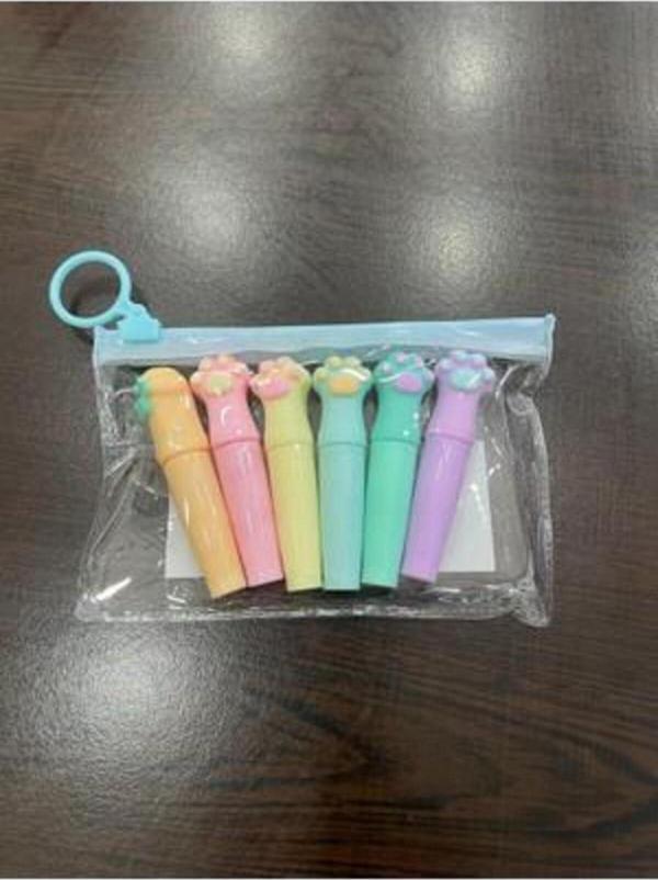 RUBENİS  6 LI PATİ ŞEKİLLİ PASTEL RENK ÇANTALI MİNİ FOSFORLU KALEM - Image 1