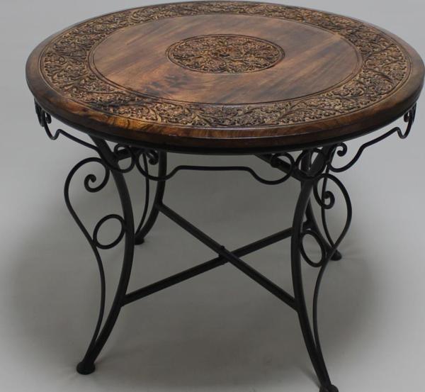 Eskitme Ahşap Ferforje Oymalı Yuvarlak Orta Sehpa 75x75x59 cm. - Image 1