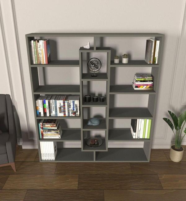 Mirobi Kiola 14 Bölmeli Dekoratif Açık Tasarım Kitaplık Modern Kitaplık Antrasit - Image 1