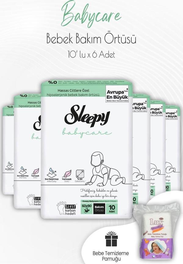 Sleepy Babycare Bebek Bakım Örtüsü 10'lu x 6 Adet ve Kare Bebek Pamuğu - Image 1