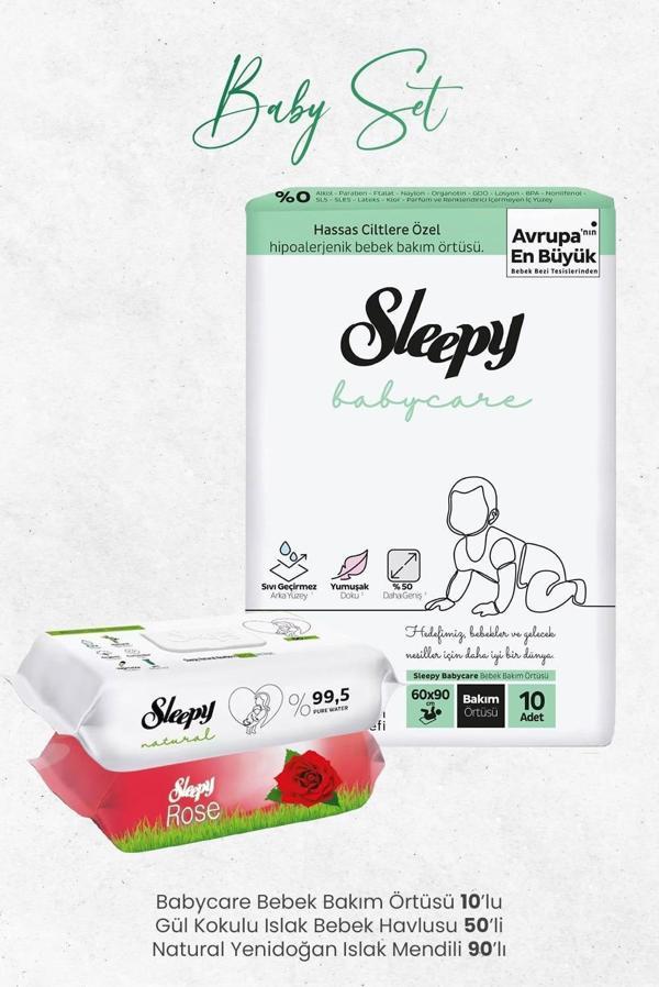 Sleepy Babycare Bebek Bakım Örtüsü 10'lu, Gül Kokulu 50 Yaprak ve Natural Yenidoğan 90'lı Islak Mendili - Image 1