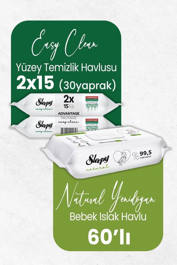 Sleepy Natural Yenidoğan Islak Bebek Havlusu 60'lı ve Temizlik Havlusu 30' lu - Image 1