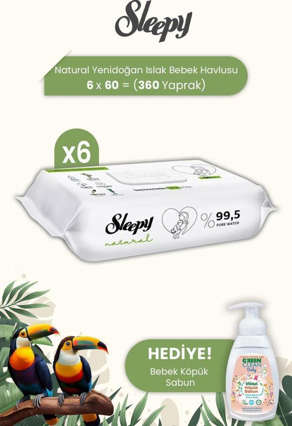 Sleepy Natural Yenidoğan Islak Bebek Havlusu 60'lı x 6 Adet ve Baby Köpük Sabun - Image 1