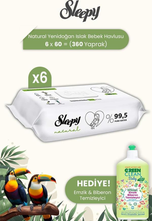 Sleepy Natural Yenidoğan Islak Bebek Havlusu 60'lı x 6 Adet ve Biberon Temizleyici - Image 1