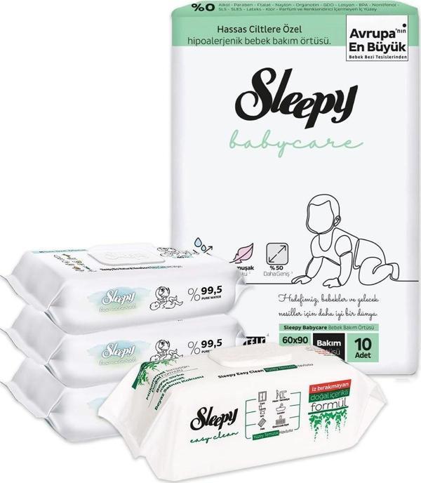 Sleepy Bebek Bakım Örtüsü 10'lu, Islak Mendil 120 Yaprak ve Temizlik Havlusu - Image 1