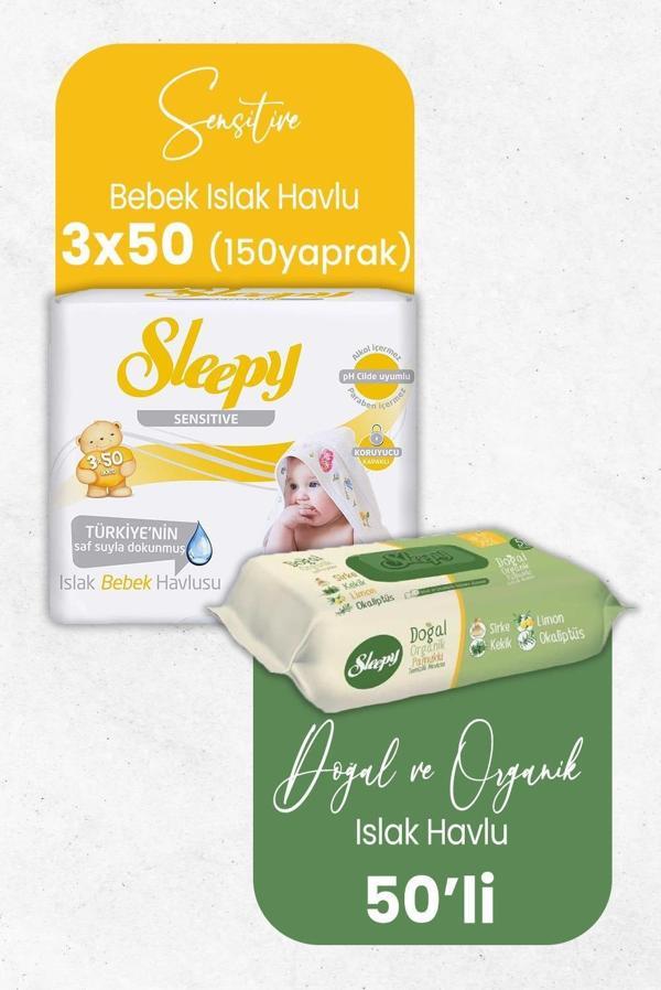 Sleepy Doğal Organik Islak Mendil 50' li ve Sensitive Bebek Islak Mendil 3 x 50' li - Image 1