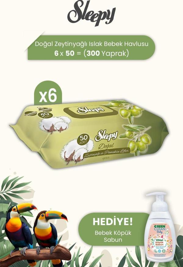 Sleepy Doğal Zeytinyağlı Ve Pamuklu Islak Bebek Havlusu 50 Yaprak x 6 Adet ve Baby Köpük Sabun - Image 1