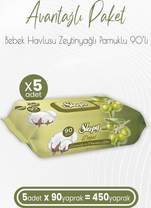 Sleepy Zeytinyağlı ve Pamuklu Islak Bebek Havlusu 90 Yaprak x 5 (450 Yaprak) - Image 1