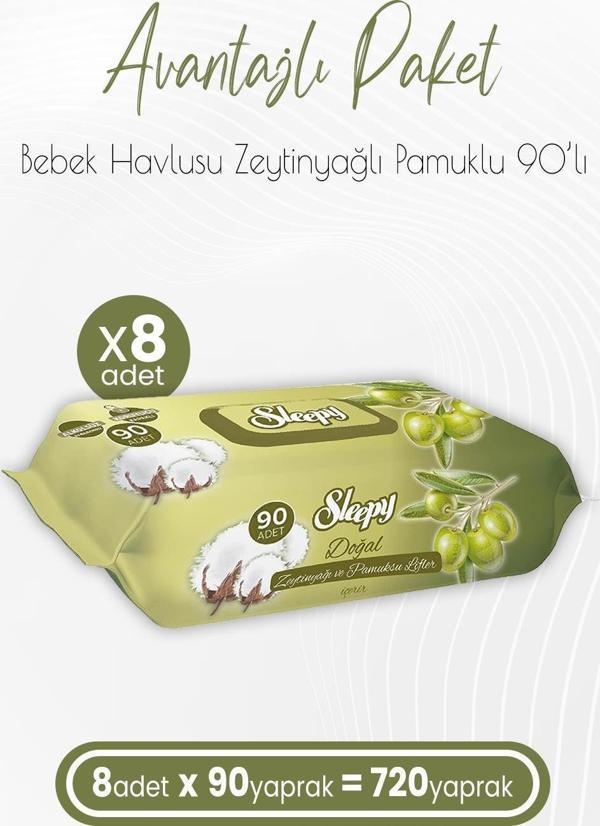 Sleepy Zeytinyağlı ve Pamuklu Islak Bebek Havlusu 90 Yaprak x 8 (720 Yaprak) - Image 1