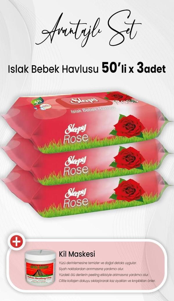Sleepy Gül Kokulu Islak Bebek Havlusu 50 Yaprak x 3 Adet ve Kil Maskesi - Image 1