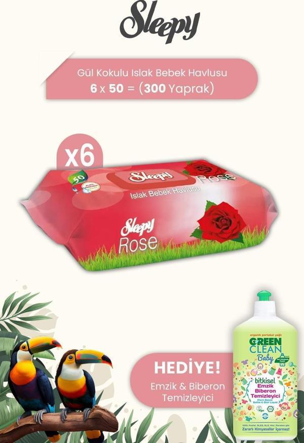 Sleepy Gül Kokulu Islak Bebek Havlusu 50 Yaprak x 6 Adet ve Biberon Temizleyici - Image 1