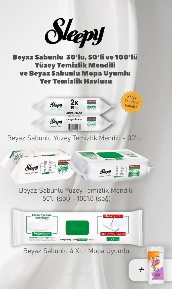 Sleepy Easy Clean 3 Paket, Beyaz Sabunlu 4 XL Yüzey Temizlik Havlusu ve Pamuk - Image 1